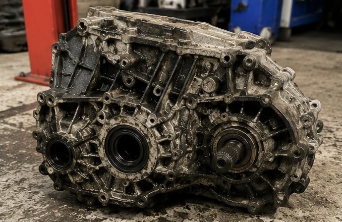 VW Golf Mk6 02Q gearbox case before laser cleaning — caked in oily grime